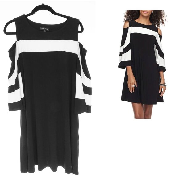 Nina Leonard Black & White Cold Shoulder Dress +Pockets Size 3X 22 24‎ Plus Size - Picture 2 of 7